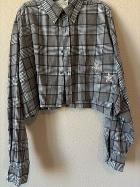 Tricia Fix Cropped Gray Plaid Button-Up Shirt with Stars and Fringe-XL